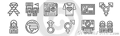 Set of 12 lgbt icons. outline thin line icons such as lesbian, bigender, world, postcard, news, manifestation Vector Illustration