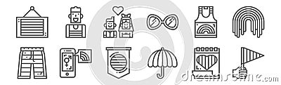 Set of 12 lgbt icons. outline thin line icons such as world pride day, umbrella, smartphone, tanktop, marriage, man Vector Illustration