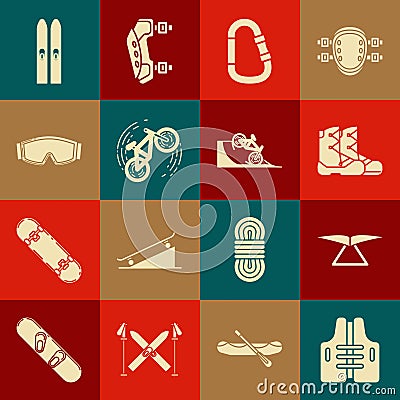 Set Life jacket, Hang glider, Boots, Carabiner, Bicycle trick, Ski goggles, and sticks and on street ramp icon. Vector Vector Illustration