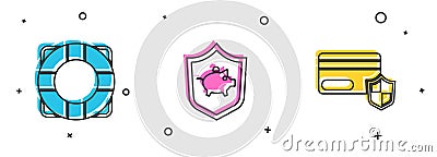 Set Lifebuoy, Piggy bank with shield and Credit card icon. Vector Vector Illustration