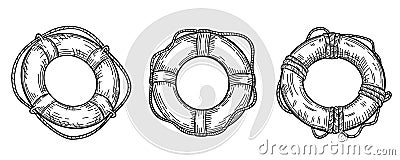 Set of lifebuoy with rope isolated sketch. Hand drawn life ring in engraving style collection Vector Illustration