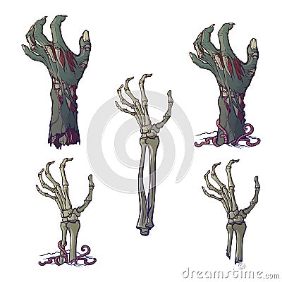 Set of lifelike depicted rotting zombie hands and skeleton hands rising Vector Illustration