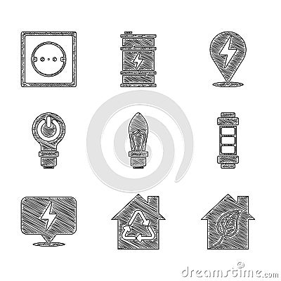 Set Light bulb, Eco House with recycling, friendly house, Battery, Lightning bolt, lightning, and Electrical outlet icon Vector Illustration