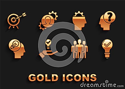 Set Light bulb in hand, Human head with question mark, check, Users group, lamp, gear inside, Target arrow and icon Vector Illustration