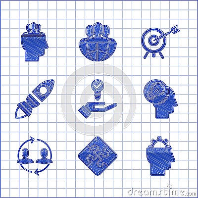 Set Light bulb in hand, Piece of puzzle, Human with gear inside, head lamp, resources, Rocket ship fire, Target arrow Vector Illustration
