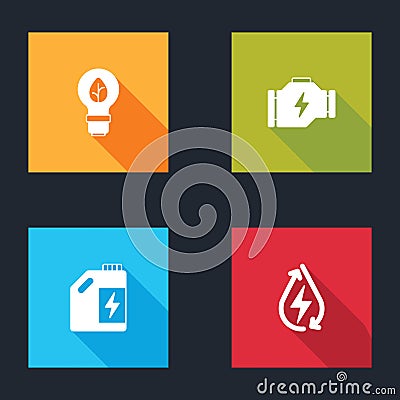 Set Light bulb with leaf, Check engine, Eco fuel canister and Water energy icon. Vector Vector Illustration