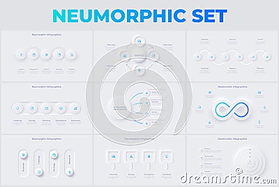 Set of light neumorphic infographic slides. Business data visualization for presentation. Unique neumorphism design set Vector Illustration