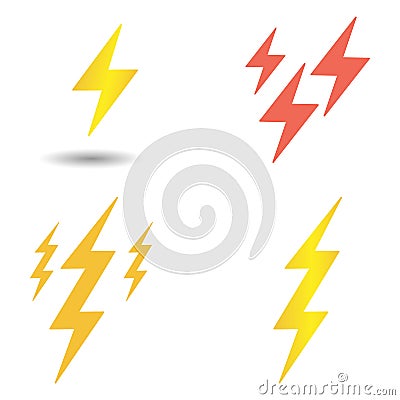 Set lightning bolt vector. Yellow and red lightning strikes. Elements isolated on light background. Vector Illustration