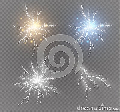 A set of lightning Magic and bright light effects. Vector illustration. Discharge electric current. Charge current Vector Illustration