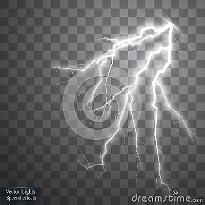 Set of lightnings. Thunder-storm and lightnings. Magic and bright lighting effects. Vector Illustration