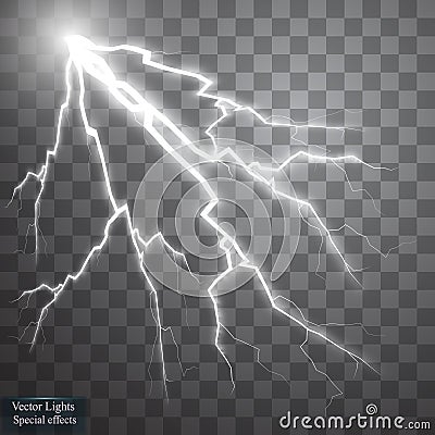 Set of lightnings. Thunder-storm and lightnings. Magic and bright lighting effects. Vector Illustration