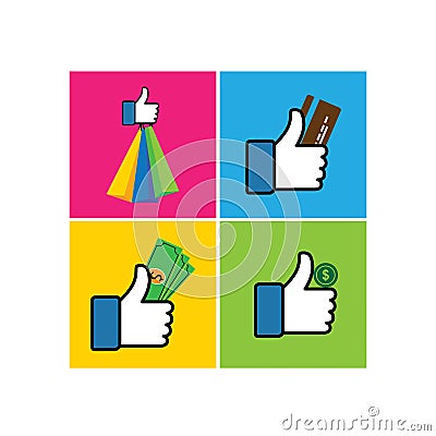 set of like hand symbols of thumbs up with shopping bags - vector icon Vector Illustration