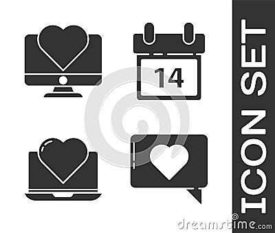 Set Like and heart, Computer monitor with heart, Laptop with heart and Calendar with February 14 icon. Vector Vector Illustration