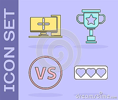 Set Like and heart, Computer monitor, VS Versus battle and Award cup icon. Vector Vector Illustration