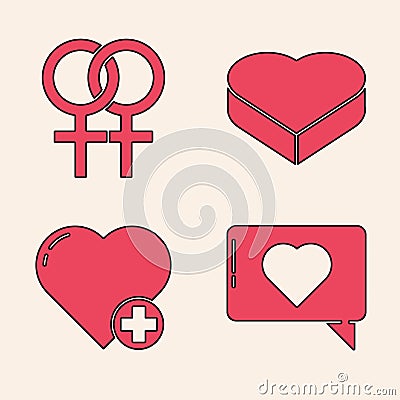 Set Like and heart, Female gender symbol, Candy in heart shaped box and Heart icon. Vector Vector Illustration