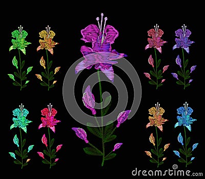 A set of lilies of different colors. Embroidery of jeans. Embroidery is smooth. Vector illustration on a black Vector Illustration