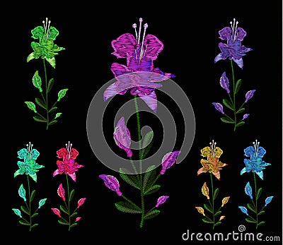 A set of lilies of different colors. Embroidery of jeans. Embroidery is smooth. Vector illustration on a black Vector Illustration