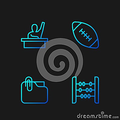 Set line Abacus, Document folder with clip, Male kid raising hand and American football ball. Gradient color icons Vector Illustration