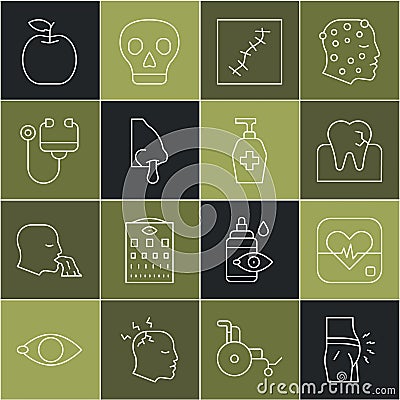 Set line Abdominal bloating, Heart rate, Tooth with caries, Scar suture, Runny nose, Stethoscope, Apple and Liquid Stock Photo