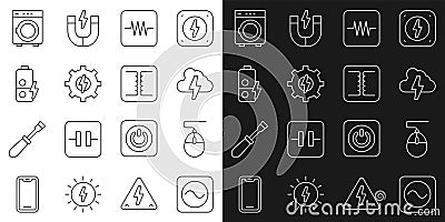 Set line AC voltage source, Computer mouse, Cloud and lightning, Resistor electronic circuit, Gear, Battery charge Vector Illustration
