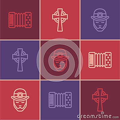 Set line Accordion, Leprechaun and Celtic cross icon. Vector Vector Illustration