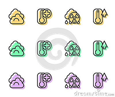 Set line Acid rain radioactive cloud, Cloud, Thermometer and icon. Vector Vector Illustration