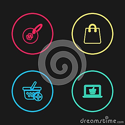 Set line Add to Shopping basket, on laptop, Handbag and Price tag with dollar icon. Vector Vector Illustration