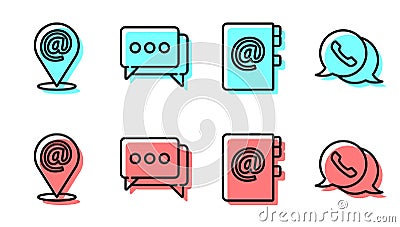 Set line Address book, Location and mail and e-mail, Speech bubble chat and Telephone with speech bubble chat icon Vector Illustration