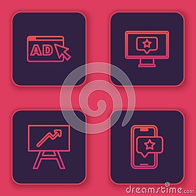 Set line Advertising, Board with graph chart, Monitor star and Mobile review rating. Blue square button. Vector Stock Photo