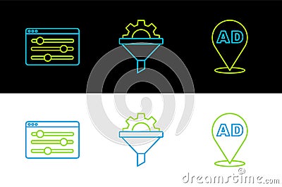 Set line Advertising, Browser setting and Sales funnel with gear icon. Vector Stock Photo