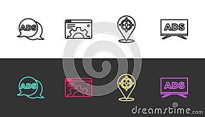 Set line Advertising, Browser setting, Target sport and on black and white. Vector Vector Illustration
