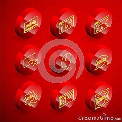 Set line Advertising, Browser setting, Website statistic, Computer mouse, and window icon. Vector Vector Illustration