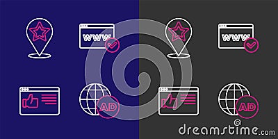 Set line Advertising, Browser window, Website template and Map pointer with star icon. Vector Stock Photo
