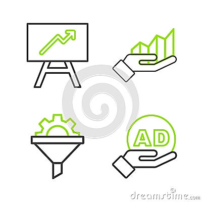 Set line Advertising, Sales funnel with gear, Pie chart infographic and Board icon. Vector Stock Photo