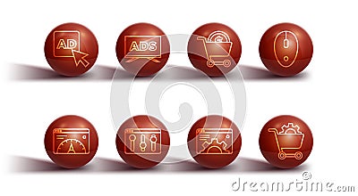 Set line Advertising, Website statistic, Computer mouse, Browser setting, Shopping cart and and dollar icon. Vector Vector Illustration
