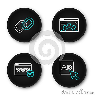 Set line Advertising, Website template, Browser setting and Chain link icon. Vector Stock Photo