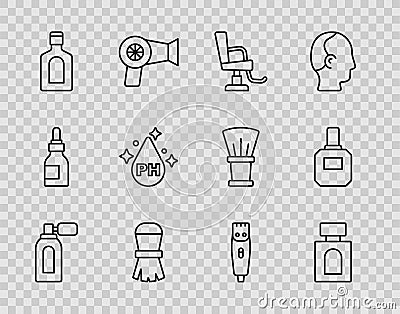 Set line Aftershave with atomizer, Barbershop chair, Shaving brush, Bottle of shampoo, Oil for care treatment, Hair Vector Illustration