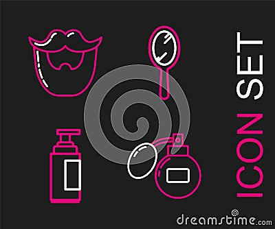 Set line Aftershave, Cream or lotion cosmetic tube, Hand mirror and Mustache beard icon. Vector Stock Photo