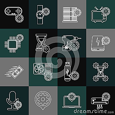 Set line Air conditioner setting, Hourglass, Power bank, Server, Processor, Gamepad and Drill machine icon. Vector Vector Illustration