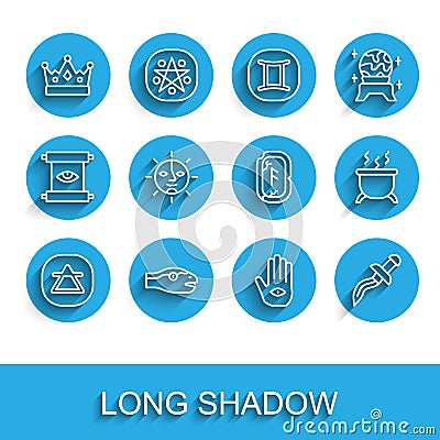 Set line Air element, Snake, King crown, Hamsa hand, Dagger, Sun, Witch cauldron and Magic runes icon. Vector Vector Illustration