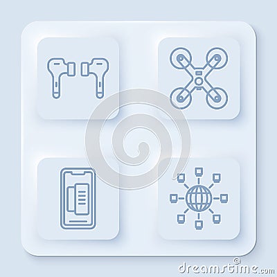 Set line Air headphones, Drone flying, Smartphone, mobile phone and Social network. White square button. Vector Stock Photo