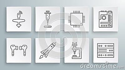 Set line Air headphones, Syringe, Rocket ship with fire, Microscope, Server, Data, Web Hosting, Processor microcircuits Vector Illustration