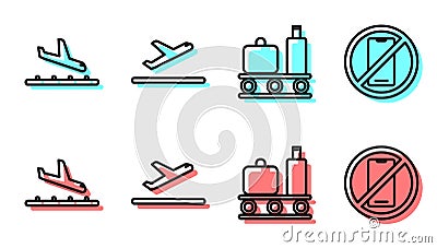 Set line Airport conveyor belt with suitcase, Plane landing, Plane takeoff and No cell phone icon. Vector Vector Illustration