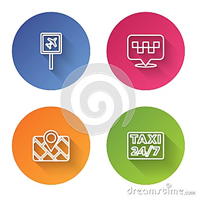 Set line Airport, Location with taxi, Gps device map and . Color circle button. Vector Stock Photo