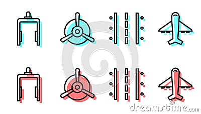 Set line Airport runway, Metal detector in airport, Plane propeller and Plane icon. Vector Vector Illustration