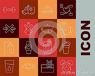 Set line Alarm clock, Fitness shaker, Blood pressure, Cake, No alcohol, Smoking, Dumbbell and Teapot with cup icon Vector Illustration