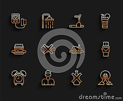 Set line Alarm clock, Positive thinking, Blood pressure, No alcohol, Meditation, meat, Smart watch and Healthy food icon Stock Photo