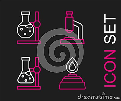 Set line Alcohol or spirit burner, Test tube flask on stand, Microscope and icon. Vector Vector Illustration