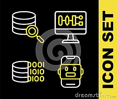 Set line Algorithm, Chat bot, Binary code and Server icon. Vector Vector Illustration