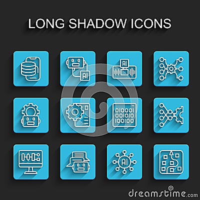 Set line Algorithm, Chat bot, Cloud technology data transfer, Neural network, and Binary code icon. Vector Stock Photo